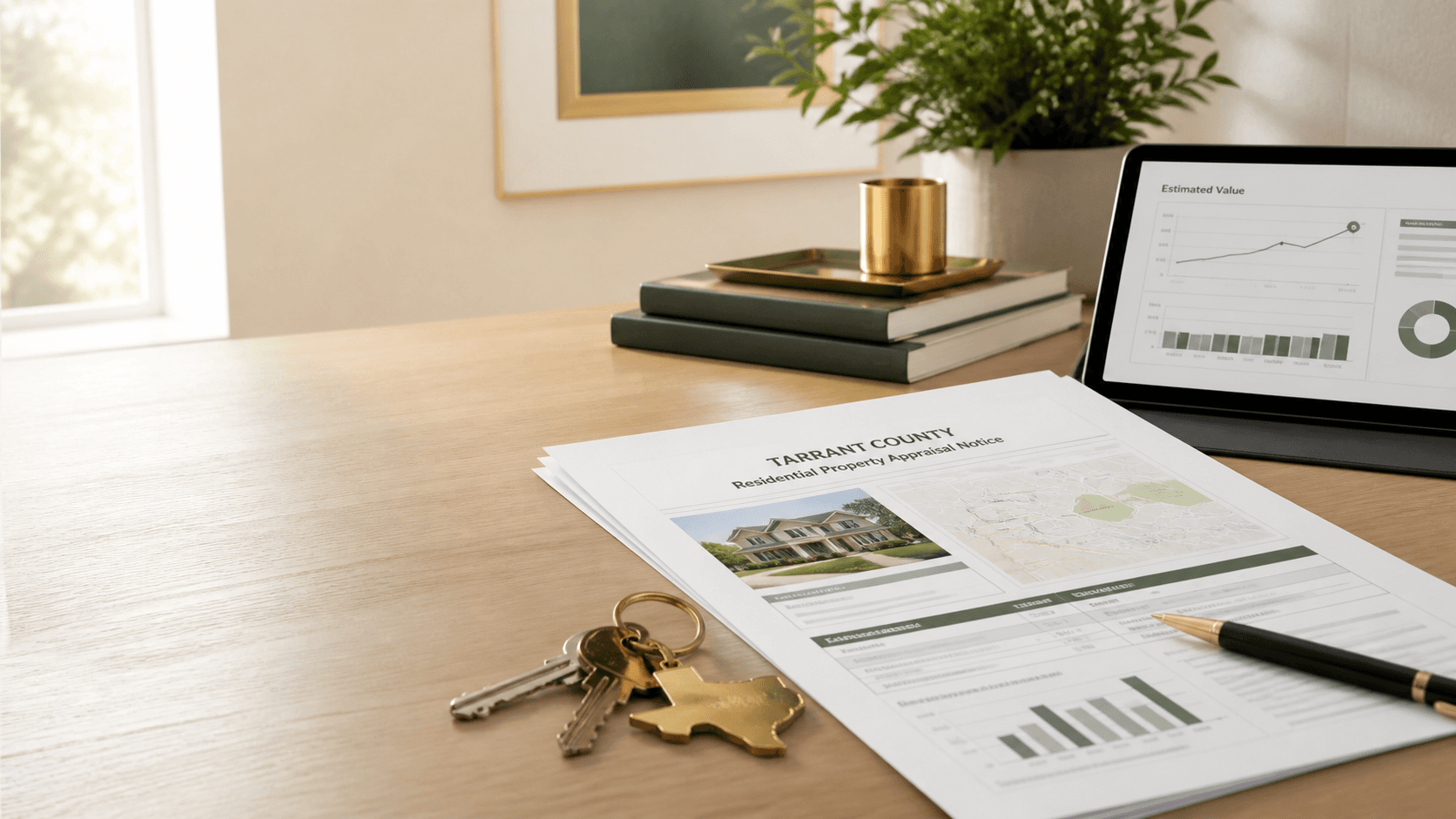 Property appraisal documents and valuation dashboard on a desk